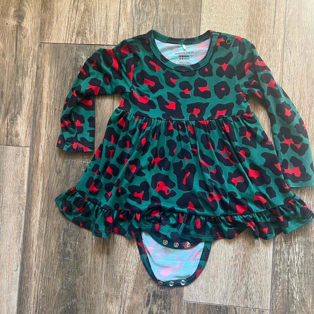 Posh Peanut Green and Red Leopard bodysuit twirl Baby Dress